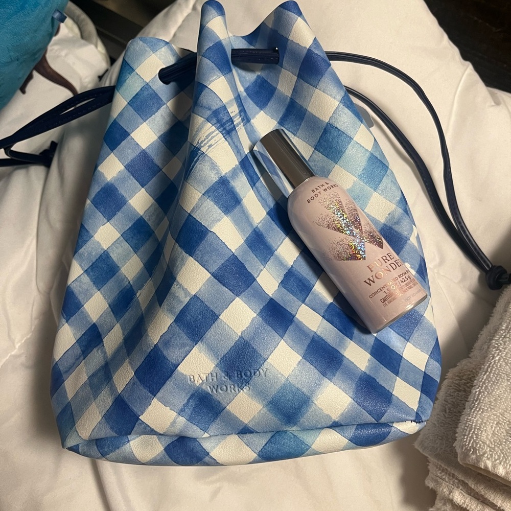 Blue and White Gingham Drawstring bag and pure wonder room spray